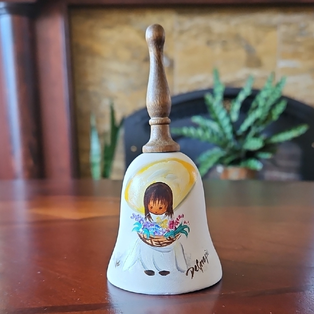 Handcrafted and Signed DeGrazia "Flower Boy" Bell with Wooden Handle